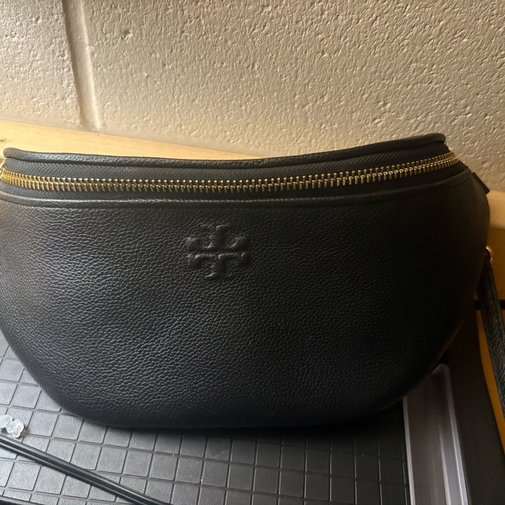 Tory Burch Black Leather Belt Bag with Gold Zipper